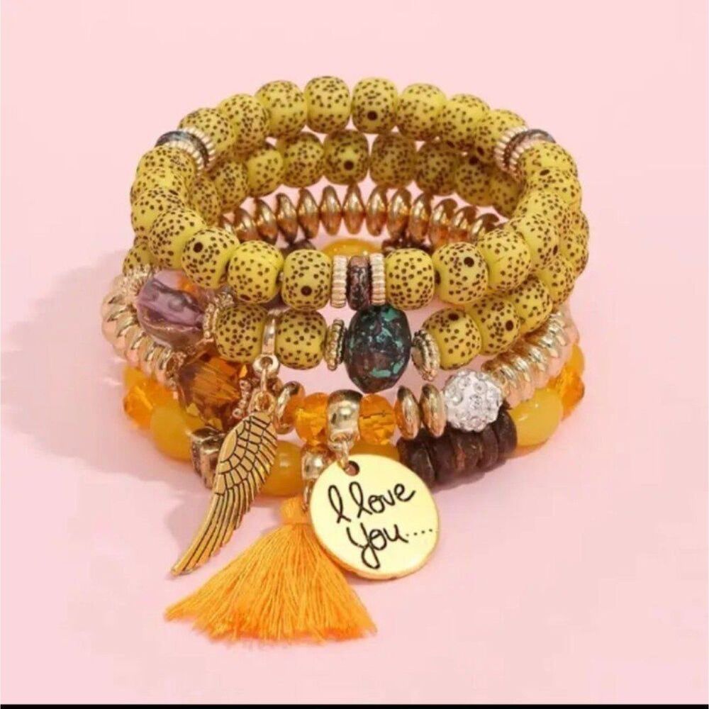 Yellow stone Tassel Wing Charm Beaded Bracelet